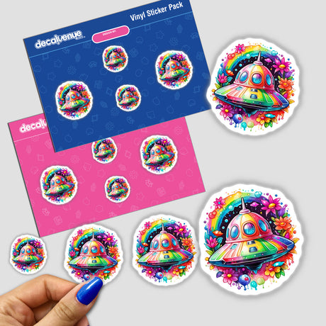 Hand holding Alien Adventure: Floral Splash Space Ship Sticker pack featuring colorful cartoon UFOs with flowers and rainbow designs.