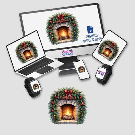 Cozy Fireplace in a Christmas Wreath depicted on a computer monitor, laptop, tablet, cellphone, and smartwatch. Available as stickers or digital artwork from Decal Venue.