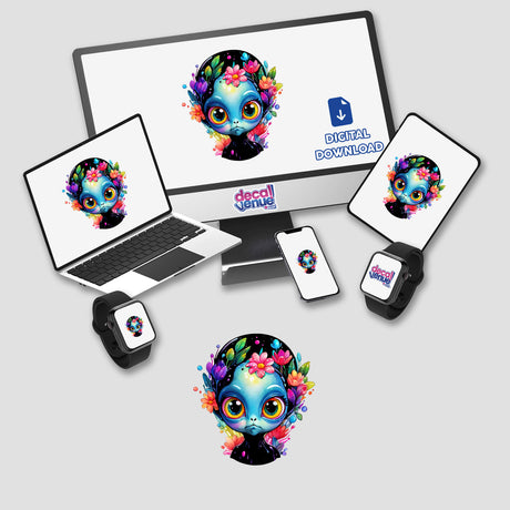 Grumpy Extraterrestrial: Floral Splash Alien Sticker displayed on a laptop and monitor, featuring a cartoon alien with flowers on its head. Available as stickers or digital artwork.