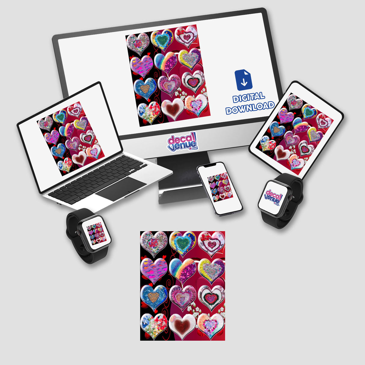 Hearts-themed stickers and digital artwork displayed on a laptop, tablet, smartphone, and smartwatch, showcasing versatile applications for unique designs from Decal Venue.