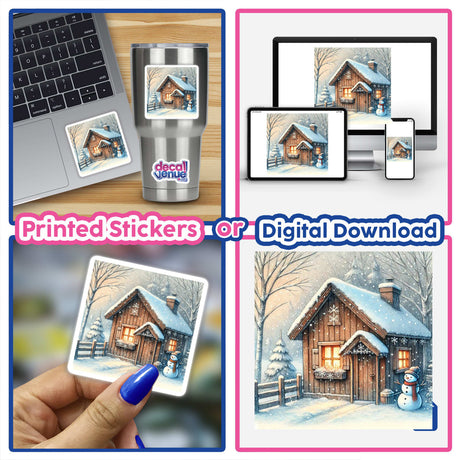 Collage featuring Cozy Winter Cabin in the Snow artwork, including a snowman, wooden house, and scenes on a laptop and mug, available as stickers or digital art.