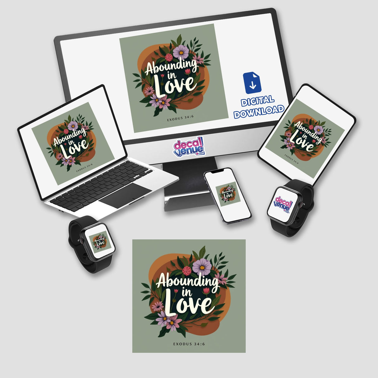 Abounding in Love – Exodus 34:6 Christian Sticker or Clipart with Commercial Rights featuring a computer monitor and laptop displaying floral graphics, accompanied by a smartphone showing a logo.