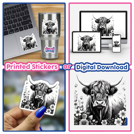 Highland Cow Floral Accents PA05 stickers and digital artwork featuring hand-drawn cows adorned with flowers, ideal for decorating laptops or personal items.