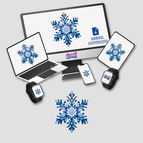 Snowflake Stained Glass Style design displayed on a computer monitor and laptop screens, available as stickers or digital artwork, featuring intricate snowflake patterns.