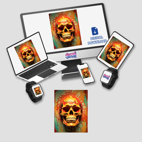 Abstract 3D Skull Art displayed on various devices, including a laptop and tablet, showcasing its versatility as stickers or digital artwork.