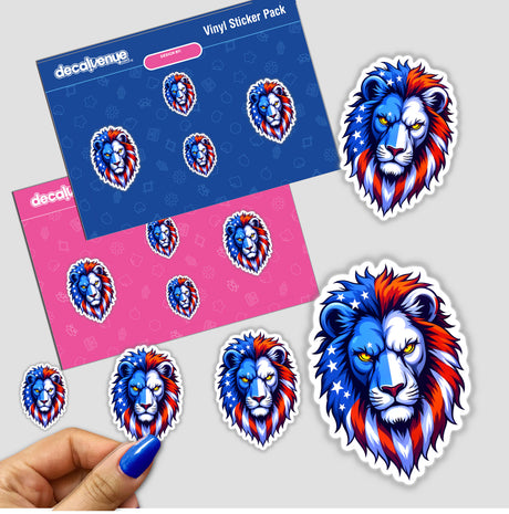 A hand holds a sticker titled A Cool American Flag Lion, depicting a lion's head with a flag motif, available as stickers or digital artwork from Decal Venue.