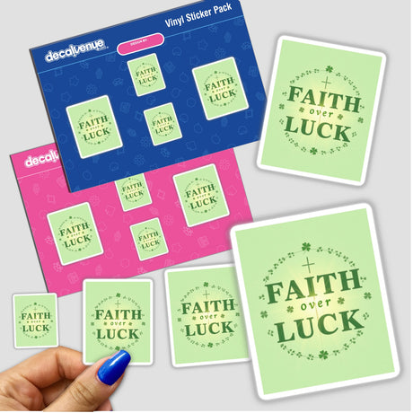 Hand holding Faith Over Luck St. Patrick’s Day Sticker pack, featuring clover designs. Available as stickers or digital artwork with commercial rights, reflecting Decal Venue's unique vinyl artistry.