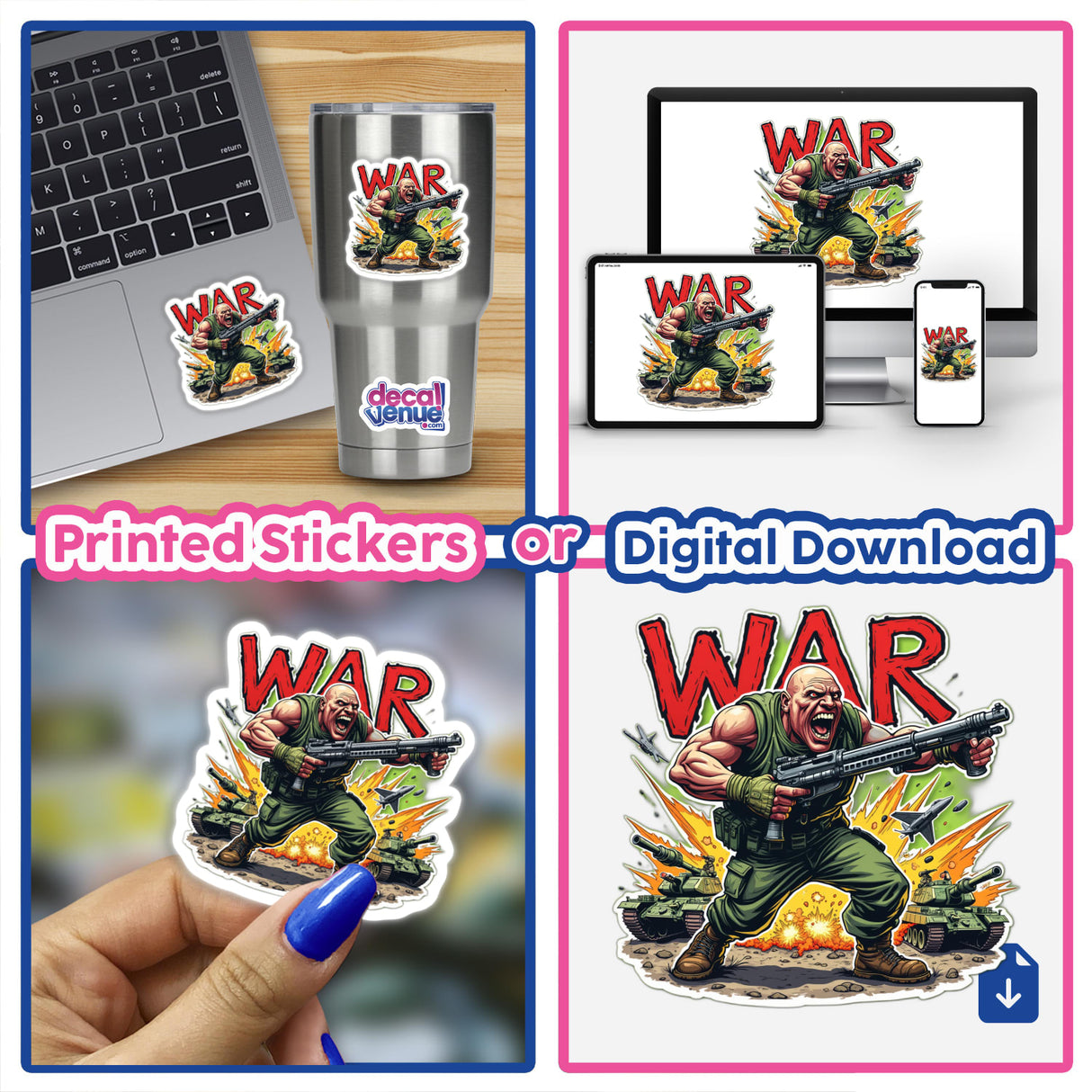 Collage featuring Soldado Brabo stickers and digital artwork, showcasing a cartoon man holding a gun on a laptop, close-ups of stickers, and various design elements.