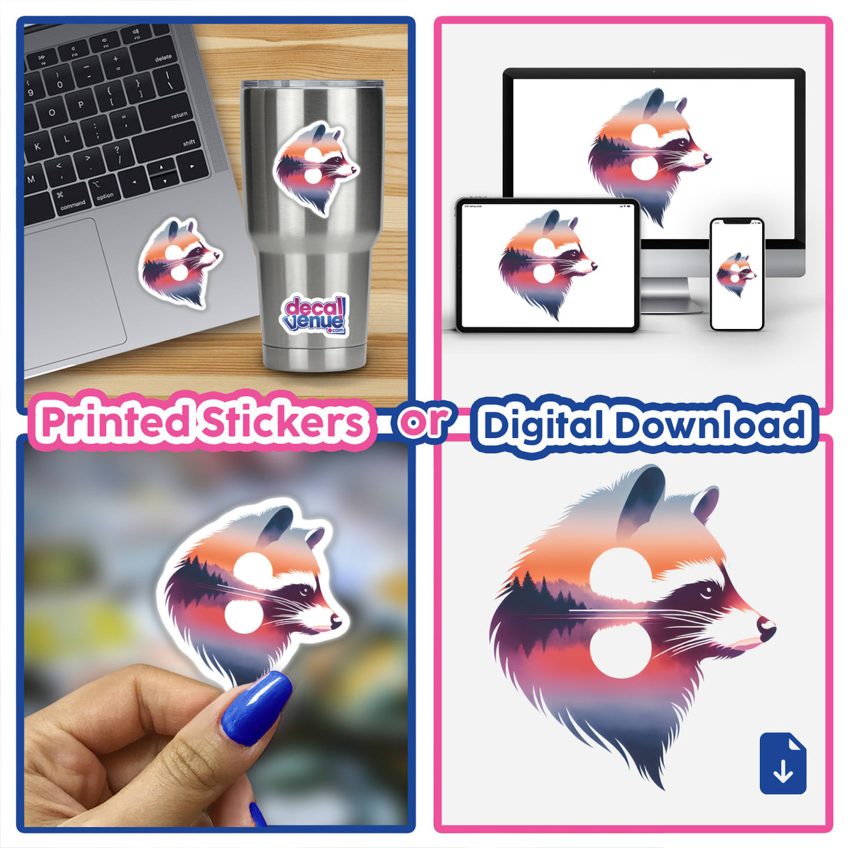 Collage showcasing Raccoon Face Sunset sticker on a laptop and hand-held, highlighting the raccoon's face with a sunset background, available as stickers or digital artwork from Decal Venue.