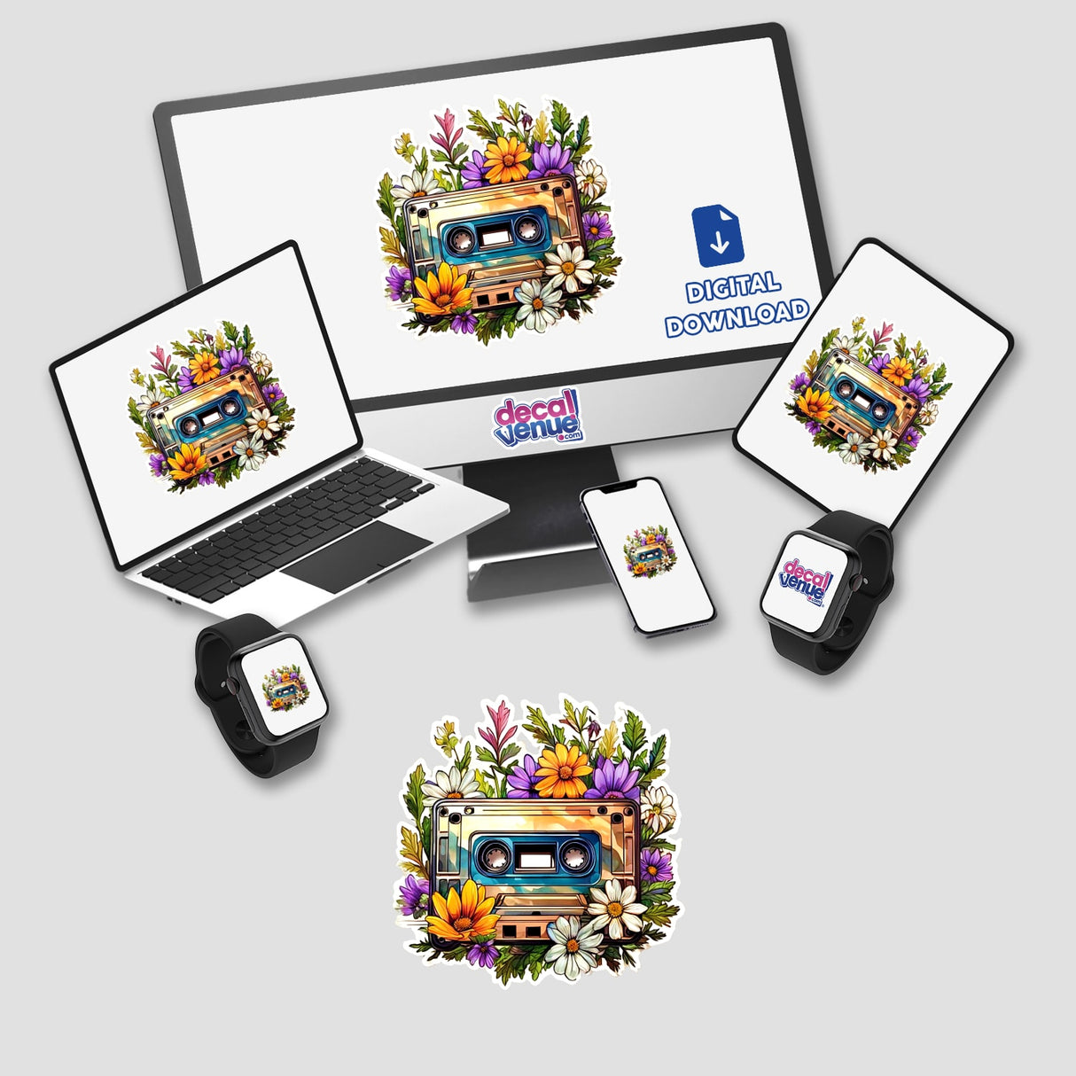 Floral cassette tape design displayed on a computer monitor, laptop, tablet, phone, and smartwatch, available as unique stickers or digital artwork from Decal Venue.