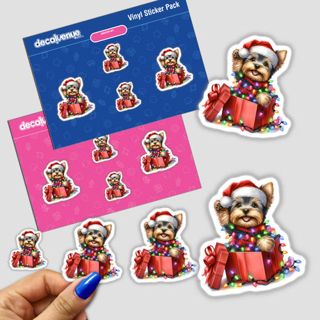 Christmas Lights Santa Yorkie Dog in Gift Box V sticker featuring a cute Yorkie in a Santa hat surrounded by festive lights, perfect for holiday-themed decorations or digital art.