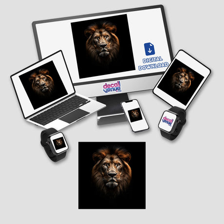 Cinematic Lion Portrait on Black Background displayed on various devices, including a laptop, tablet, and phone. Available as stickers or digital artwork from Decal Venue.