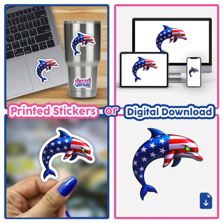 A Cool American Flag Dolphin sticker displayed on a laptop, featuring a cartoon dolphin with flag patterns. Available as stickers or digital artwork from Decal Venue.