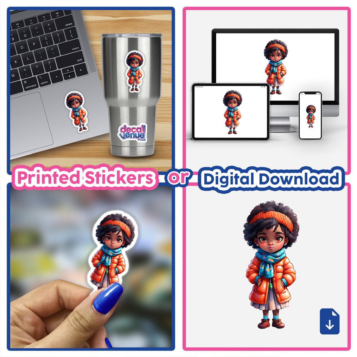 Cozy Winter Afro Girl Sticker featured on laptops, cups, and fingernails, showcasing a cartoon girl with an afro in various settings. Available as stickers or digital artwork.