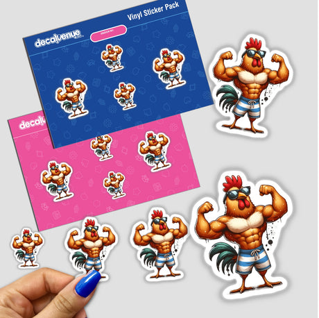 Sticker pack titled The Muscular Chicken, featuring cartoon roosters flexing muscles, some wearing swimsuits and sunglasses, ideal for unique vinyl stickers or digital artwork from Decal Venue.