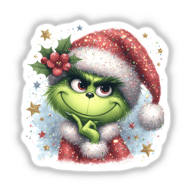 Thinking Mean Green Glitter Christmas Grouch cartoon character wearing a Santa hat, available as stickers or digital artwork. The whimsical design features a playful, festive theme ideal for holiday decorations.