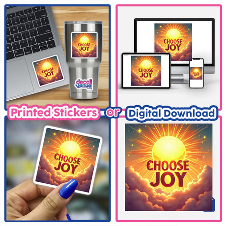 Choose Joy Sticker featuring a vibrant sun and clouds design, ideal for inspirational mental health affirmations. Available as stickers or digital downloads for commercial use.