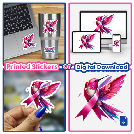 Hummingbird Pink Ribbon Breast Cancer stickers on a laptop, hand holding a sticker, and various stickers showcasing the design. Available as Stickers or Digital Artwork.