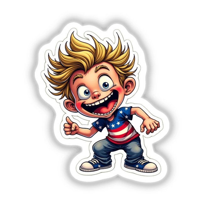 O Risadinha cartoon boy smiling and pointing, available as stickers or digital artwork.