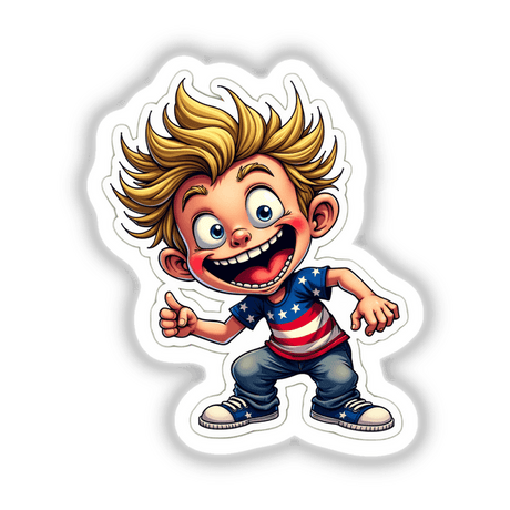 O Risadinha cartoon boy smiling and pointing, available as stickers or digital artwork.