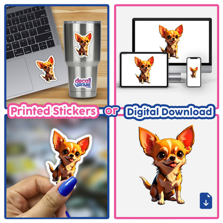 A Cute Chihuahua illustrated as a cartoon with big ears, featured as a sticker on a laptop, embodying Decal Venue's unique vinyl sticker and digital art offerings.