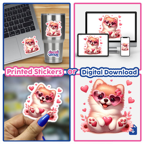 Collage showcasing the Happy in Love Pomeranian Dog as a sticker on a laptop and held in hand, featuring a cartoon dog with pink heart-shaped sunglasses. Available as stickers or digital artwork.