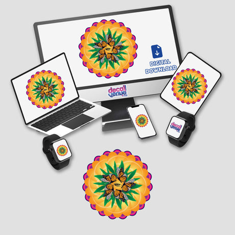 Vibrant abstract digital artwork with colorful floral mandala design, showcased on various devices including laptop, smartphone, and smartwatch. The image highlights the Decal Venue brand, which offers unique stickers and digital art created by talented designers.