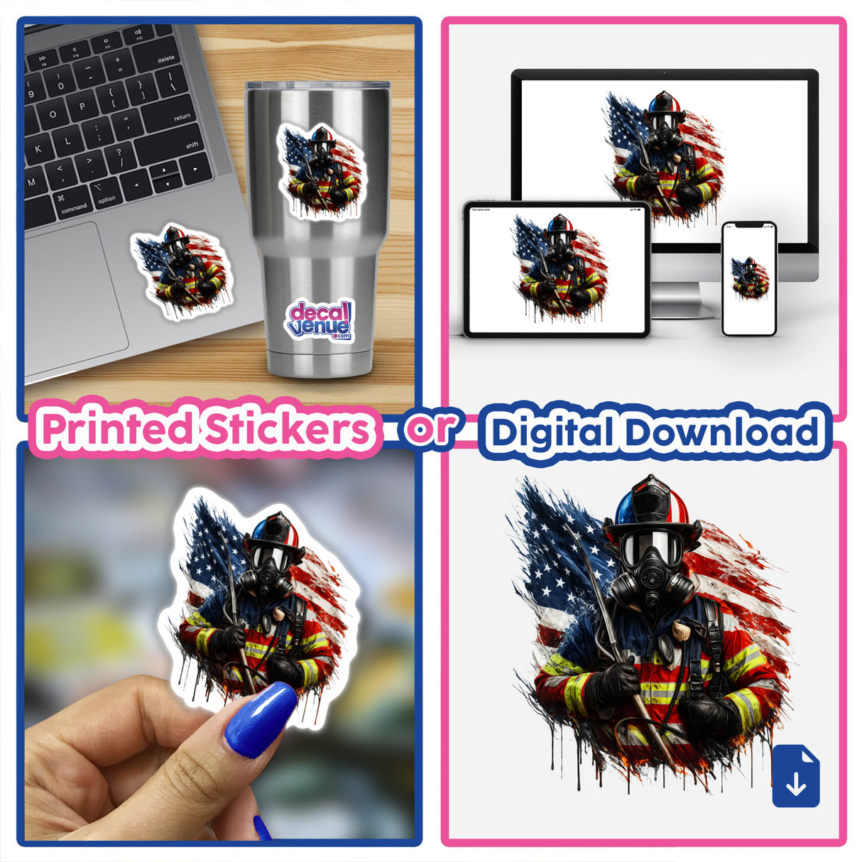 US American flag splatter firefighter digital artwork with sticker and device mockup display