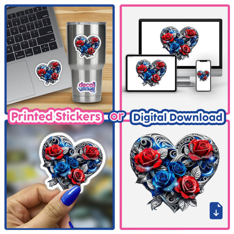 Intricate Silver Blue Heart with Red and Blue Roses stickers and digital artwork, featuring a heart-shaped metal sculpture adorned with vibrant roses, perfect for customizing laptops or personal items.