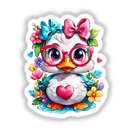 Cute duck wearing reading glasses with a pink bow, available as stickers or digital artwork.