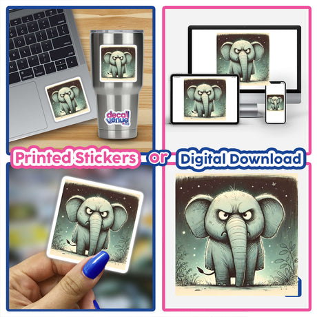 Grumpy elephant artwork collage featuring various depictions, including a cartoon elephant on a laptop, a close-up of a hand holding an elephant picture, and diverse elephant illustrations. Available as stickers or digital artwork.