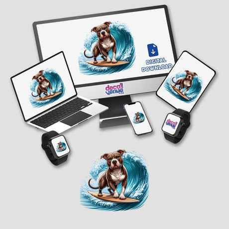 Surfer Pitbull Dog - Vibrant digital artwork depicting a pitbull dog surfing a large wave, available as stickers or digital downloads on the Decal Venue store.