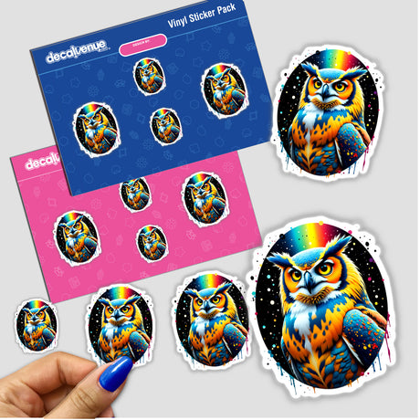 A Cool And Colorful Owl sticker, featuring a vibrant owl with a rainbow backdrop, held in a hand. Available as stickers or digital artwork from Decal Venue.