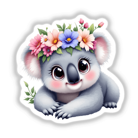 Adorable Koala with a Floral Crown: A charming cartoon koala adorned with flowers, available as stickers or digital artwork, perfect for adding a whimsical touch to your collection.