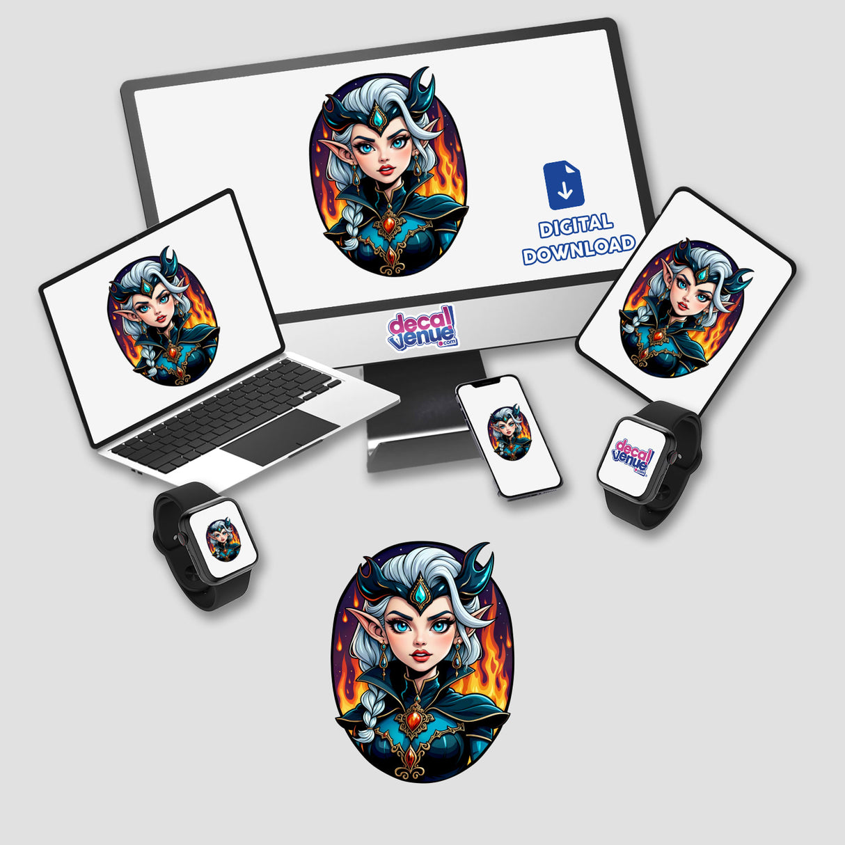 An Evil Queen Anime Girl depicted on a computer monitor and other devices, available as stickers or digital artwork from Decal Venue.