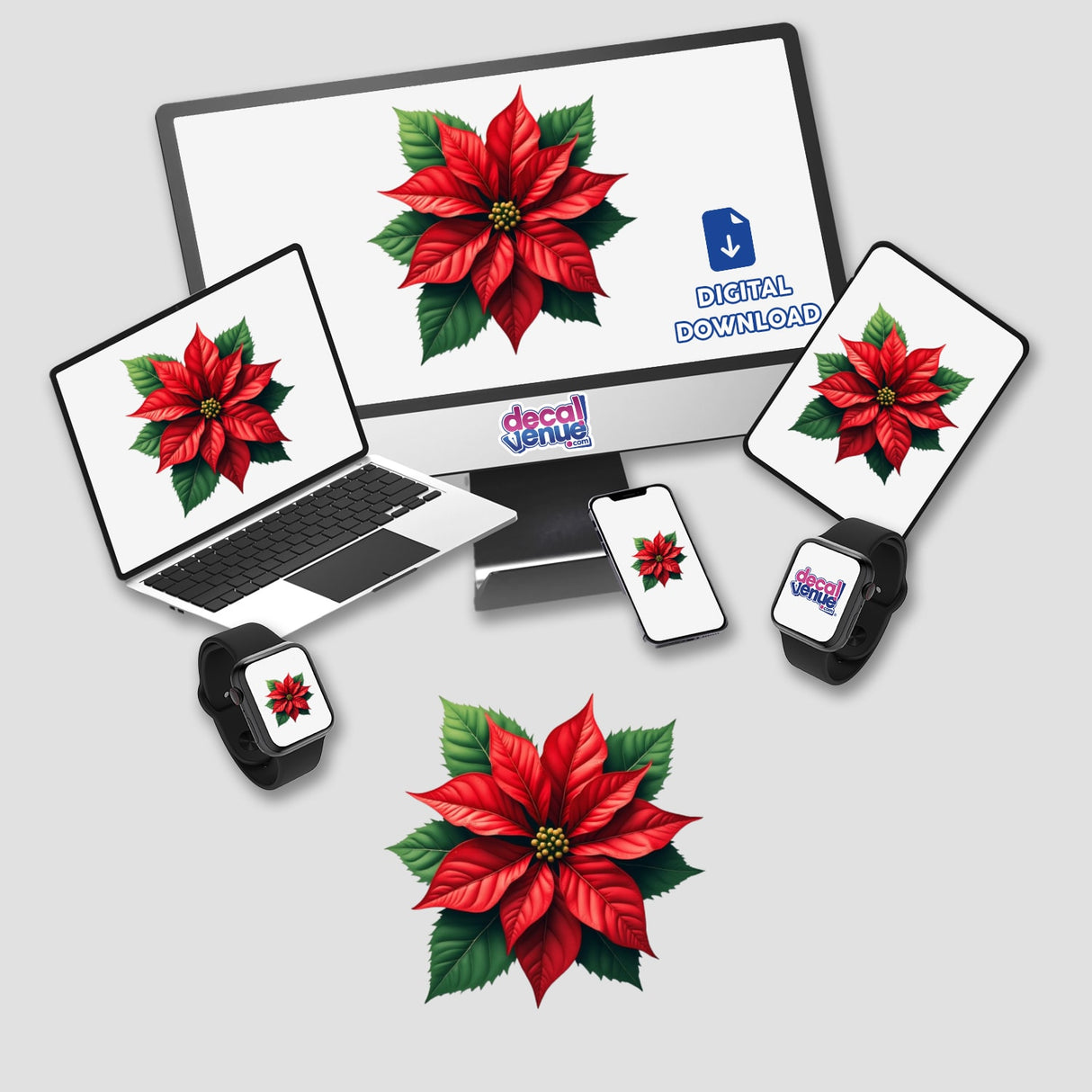 Poinsettia Flower Envelope Seal Stickers displayed on a computer and laptop screen, featuring elegant red flowers, ideal for holiday stationery. Available as stickers or digital artwork from Decal Venue.