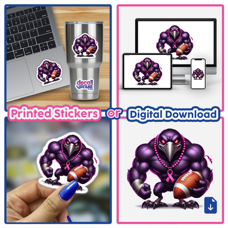 Muscular Purple Raven Bird Football Breast Cancer Awareness III displayed on various items including a laptop sticker and digital artwork.