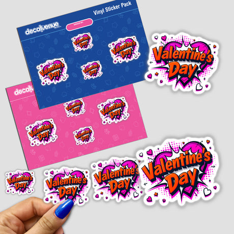 Valentine's Day Love Heart stickers featuring hearts and romantic text, shown with a hand holding one. Available as physical stickers or digital artwork, capturing the essence of love.