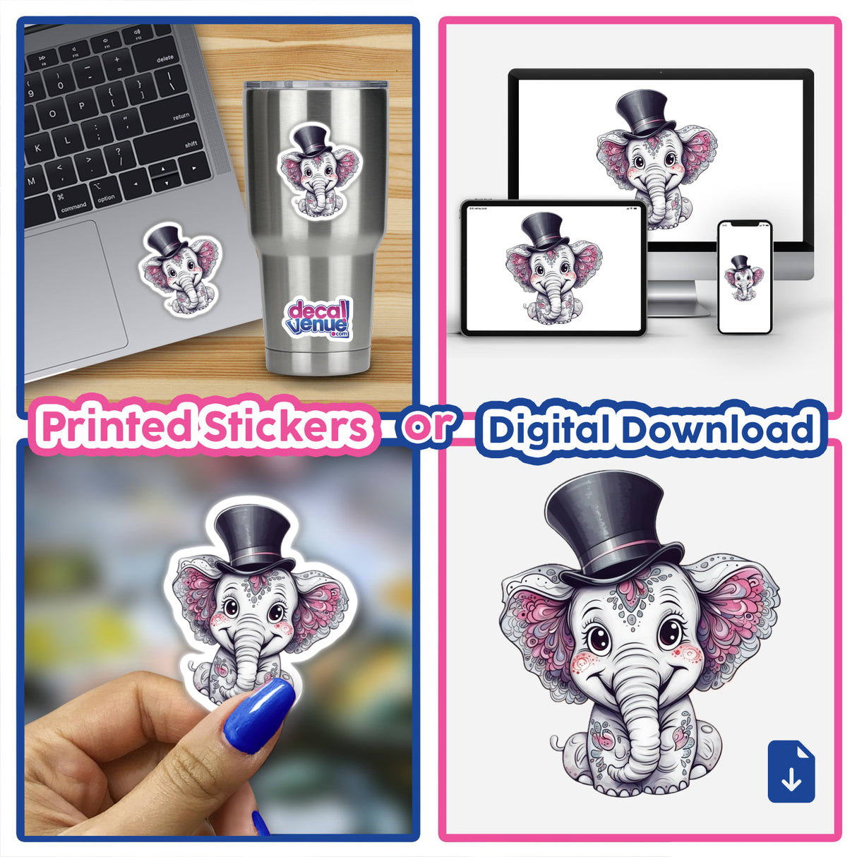 Charming Elephant with Decorative Ears and a Classic Top Hat featured in a collage on laptops and cups, available as unique vinyl stickers or digital artwork from Decal Venue.