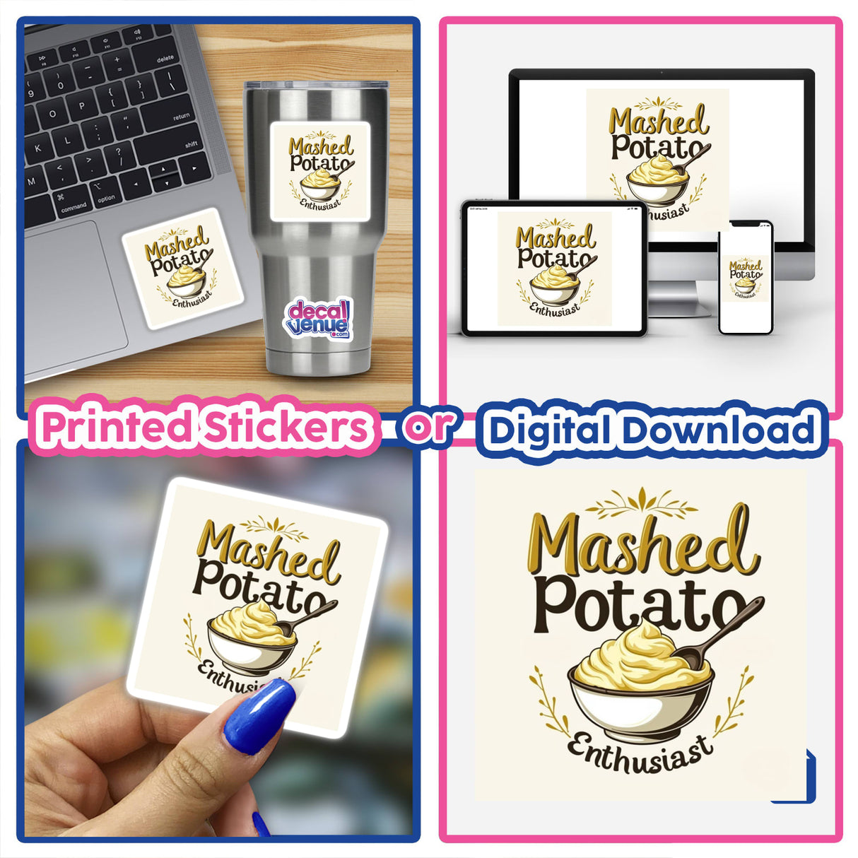 Mashed Potato Enthusiast Funny Thanksgiving sticker or downloadable clipart, featuring playful mashed potato imagery, ideal for laptops or digital use. Available with commercial rights from Decal Venue.