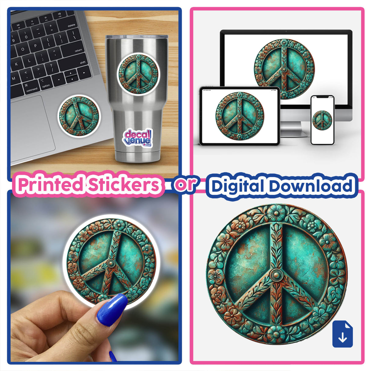 Colorful peace sign digital artwork with intricate patterns and designs, suitable for use as stickers or digital downloads to express individuality and style.