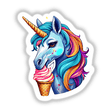 Colorful cartoon unicorn eating rainbow-colored ice cream in a waffle cone