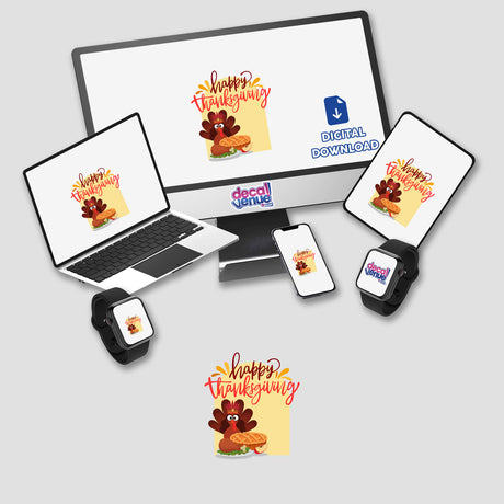 Thanksgiving Greeting design featuring a turkey on electronic devices, available as stickers or digital artwork, ideal for unique seasonal decor from Decal Venue.