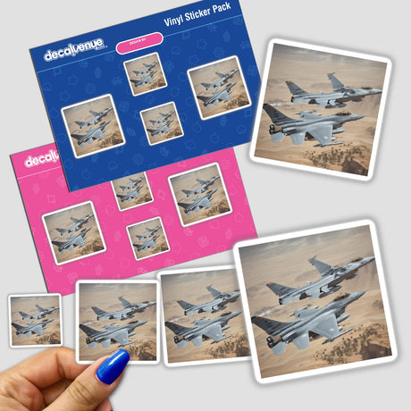 Hand holding the Hero Series 6 sticker pack featuring images of jets flying, available at Decal Venue.