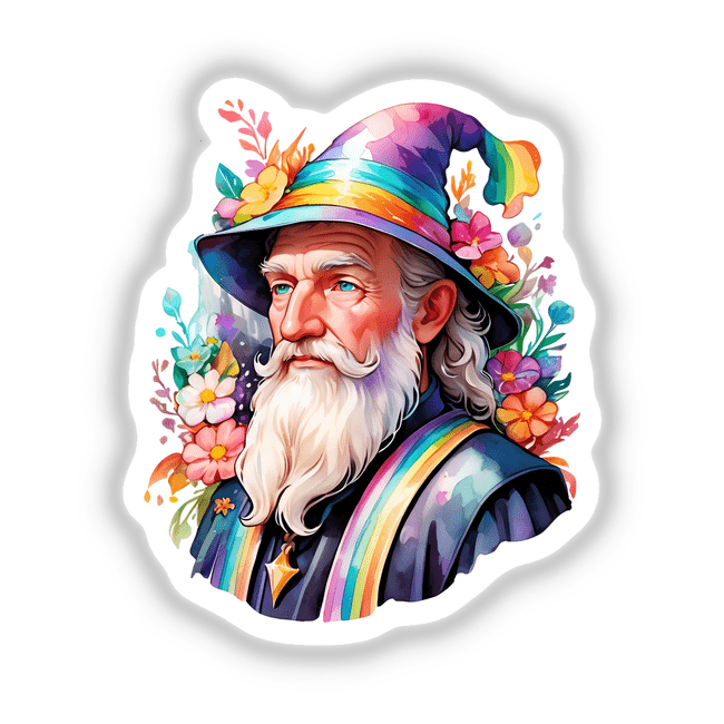 Sticker Design: Portrait of a magical wizard wearing a wizard hat, surrounded by various flowers, depicted in a cartoon style.