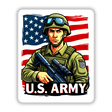 Cartoon of a U.S. Army soldier holding a gun with an American flag backdrop. Available as stickers or digital artwork, titled U.S. Army - American Soldier With Flag from Decal Venue.