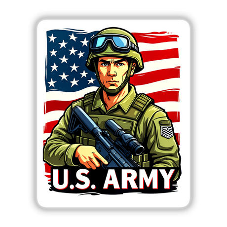 Cartoon of a U.S. Army soldier holding a gun with an American flag backdrop. Available as stickers or digital artwork, titled U.S. Army - American Soldier With Flag from Decal Venue.