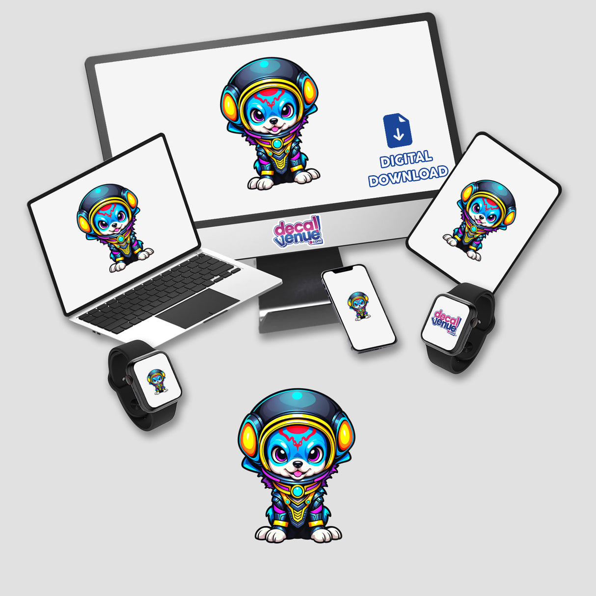 Cute Puppy From Outer Space sticker features a cartoon dog in a space suit on a laptop screen, available as unique stickers or digital artwork from Decal Venue.