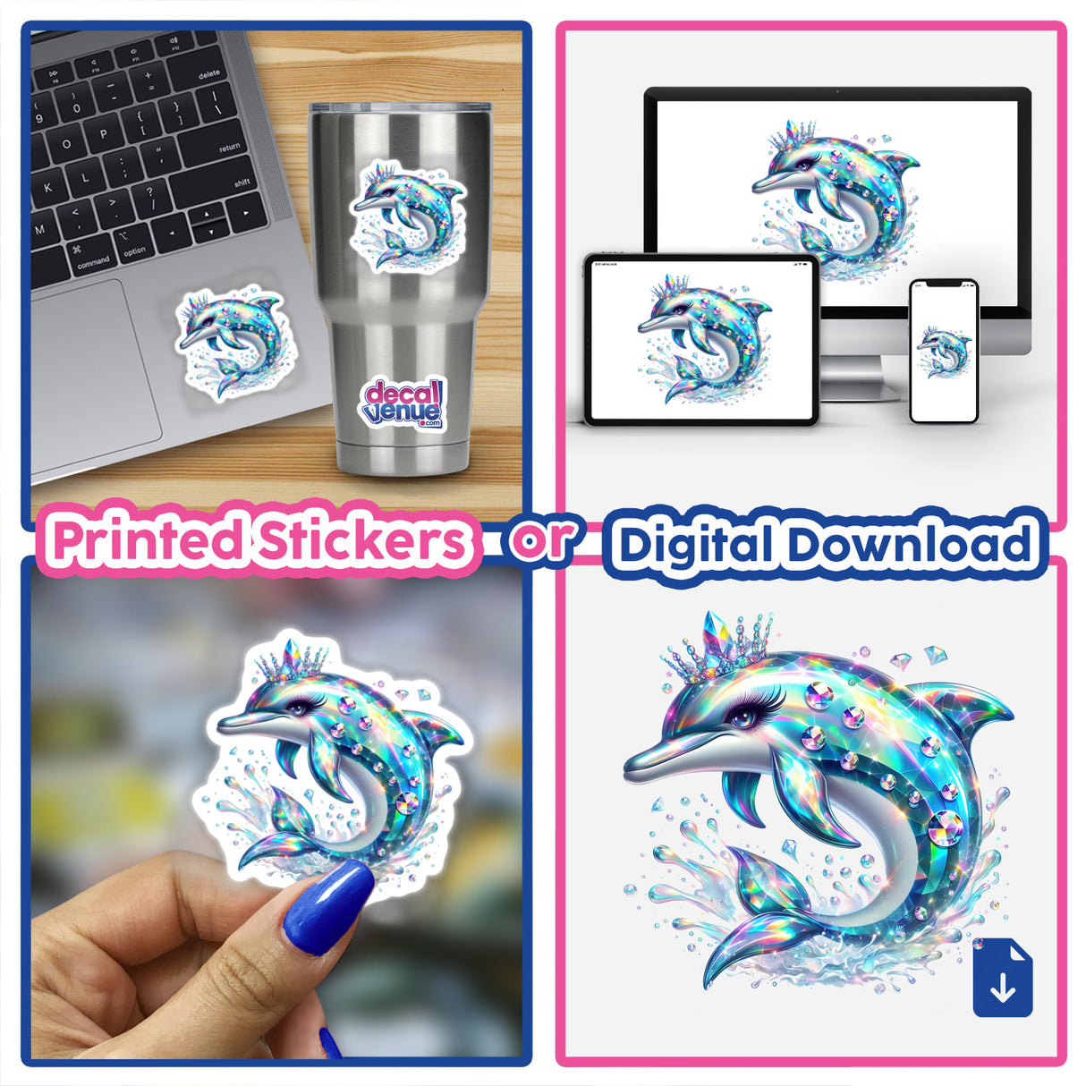 Prismatic Dolphin Princess - Vibrant digital artwork depicting a colorful and whimsical dolphin design, available as printed stickers or a digital download.