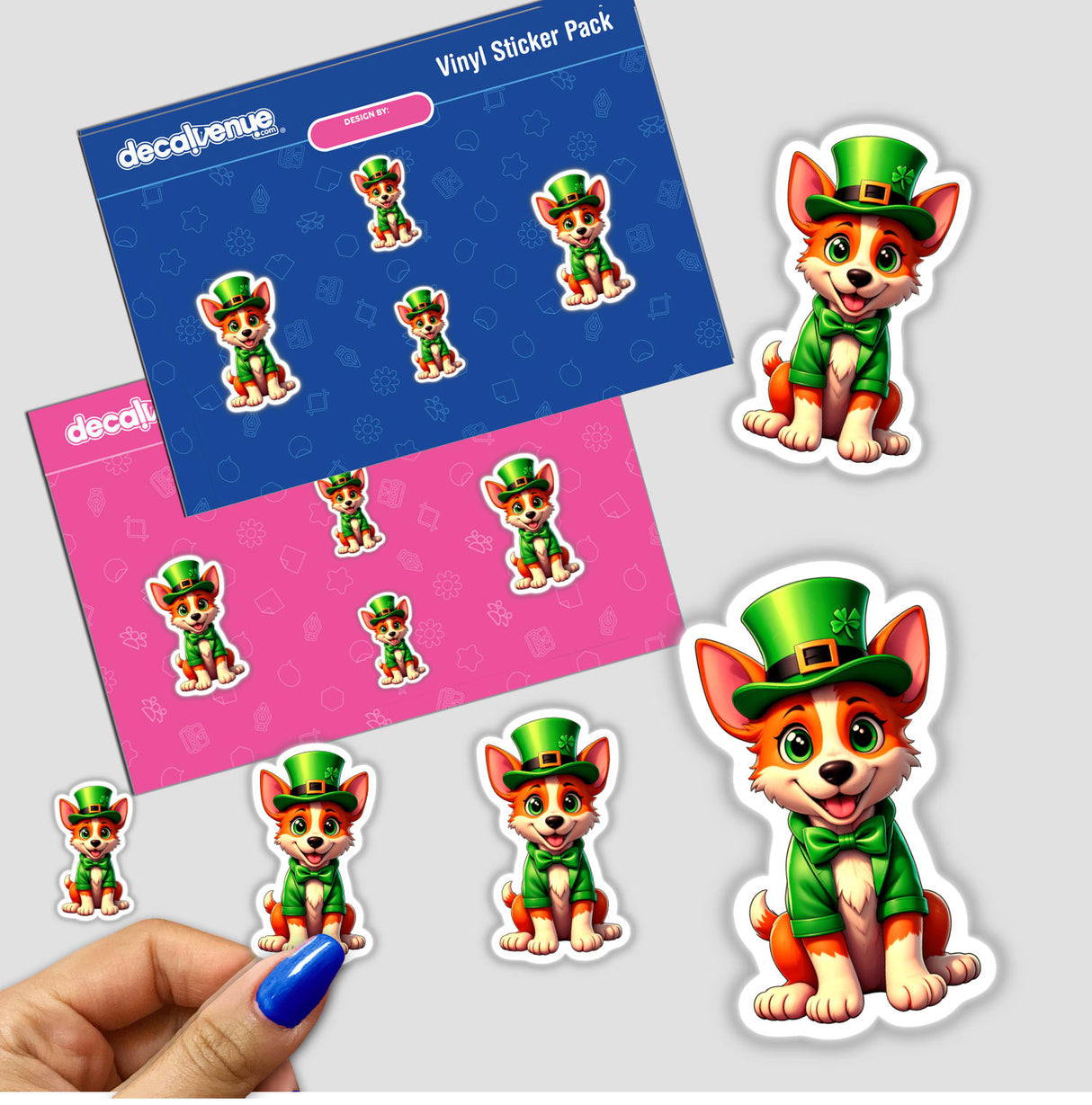 St. Patrick's Day Puppy sticker pack featuring cartoon dogs in green hats and bow ties, perfect for adding a festive touch to your collection. Available as stickers or digital artwork.